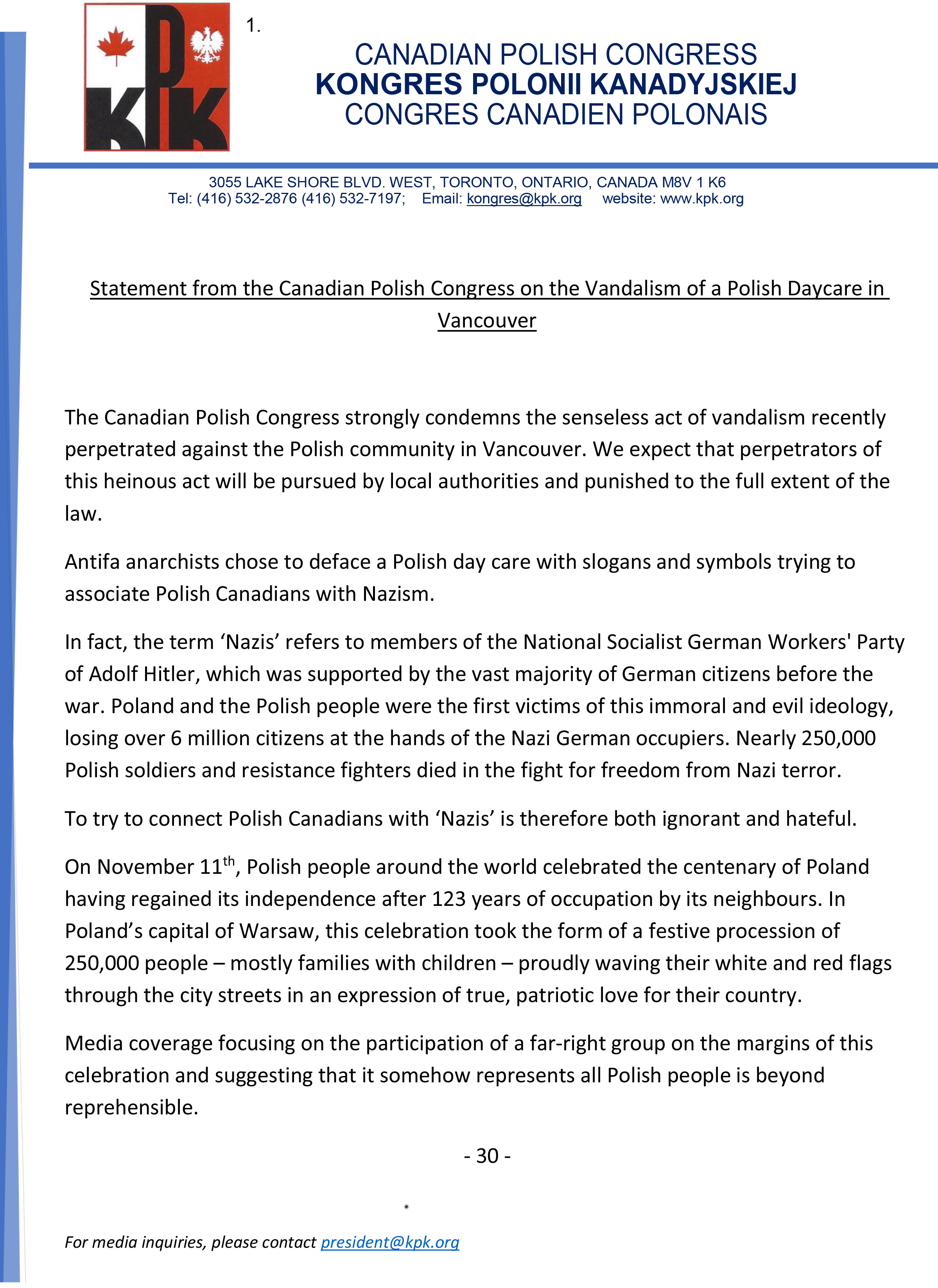 CPC Statement on Vandalism of Polish Daycare in Vancouver